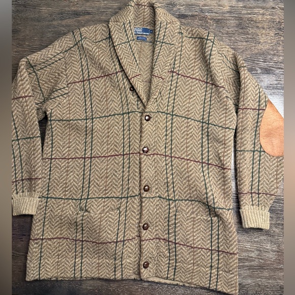 Vintage Polo Ralph Lauren Plaid Shawl Collar Cardigan with Elbow Patches - Picture 1 of 4